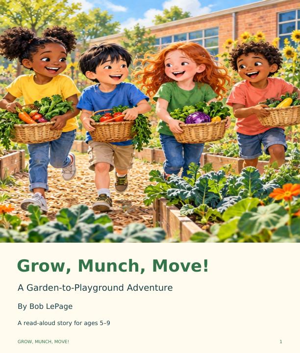 Grow, Munch, Move! cover showing school friends running beside a vegetable garden