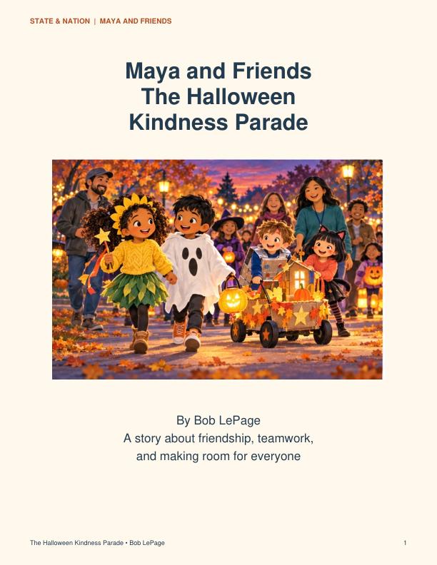 Maya and her friends in sunflower, robot, cat and ghost costumes at their Halloween kindness parade