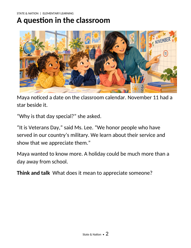 An illustrated page from Why Veterans Day Matters showing Maya and her friends learning about Veterans Day in their classroom